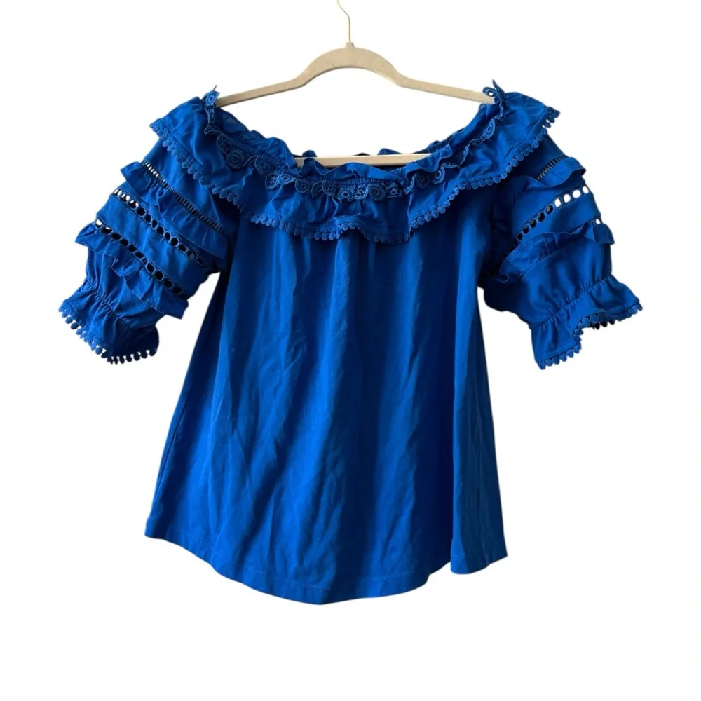 Lilly Pulitzer Brentwood Top in Blue Grotto $108 Puff‎ Sleeve Eyelet Size XS